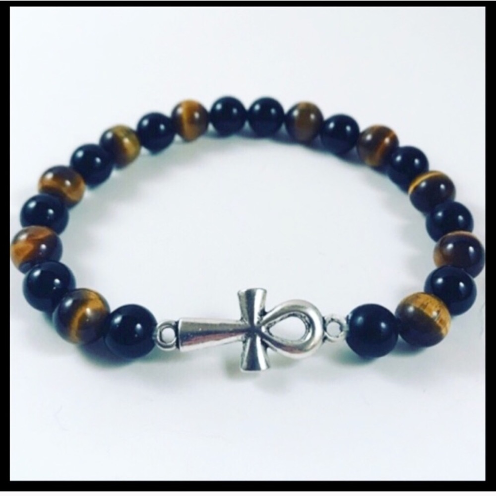 Men or women onyx & tiger eye ankh cross bracelet